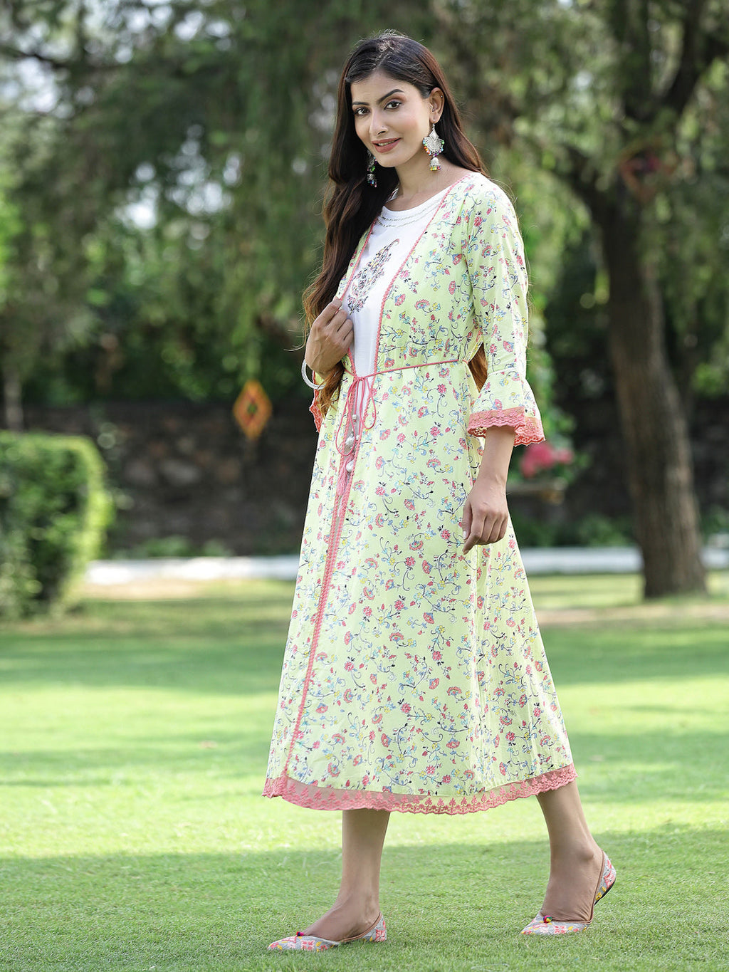 Juniper Womens Lime Green Multi Rayon Slub Double Layer Printed Kurta | Grocsy