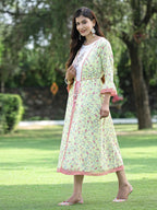 Juniper Womens Lime Green Multi Rayon Slub Double Layer Printed Kurta | Grocsy