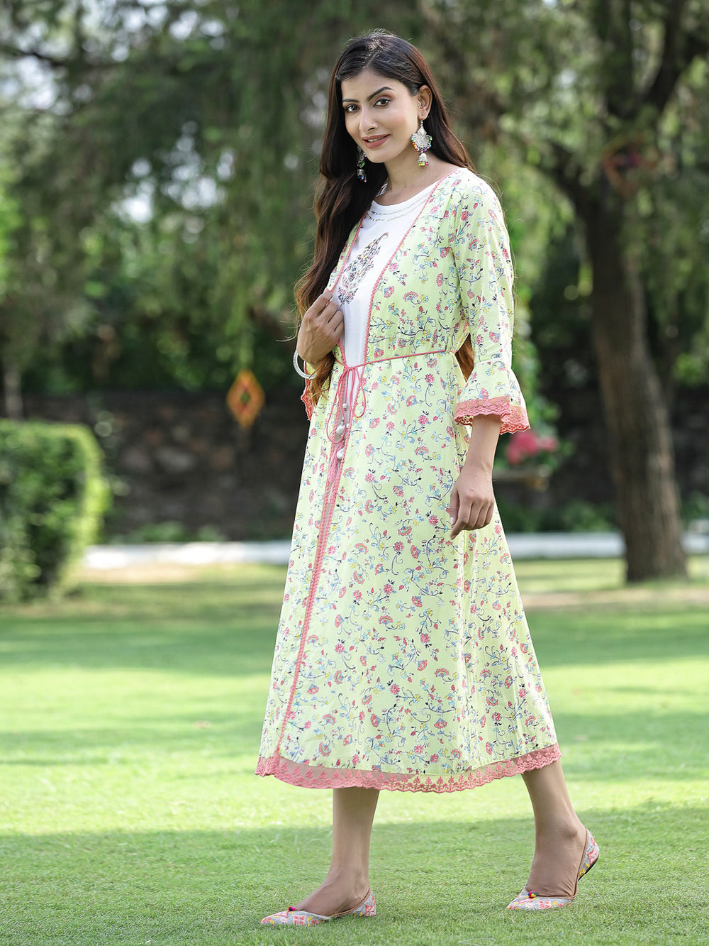 Juniper Women's Limegreen Cambric Embroidered & Printed Jacket Style Kurta | Grocsy