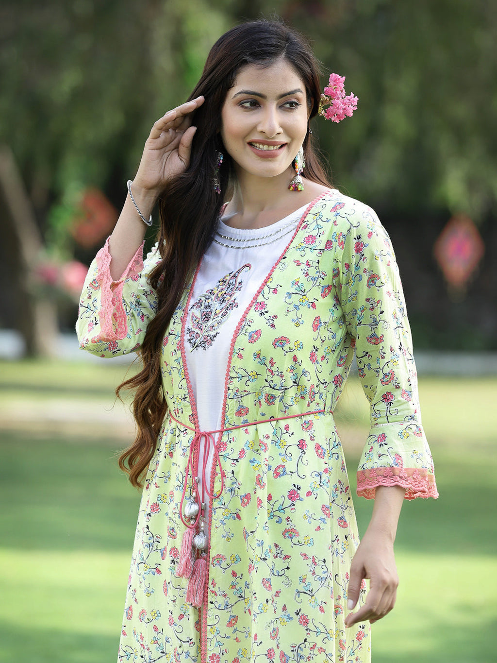 Juniper Womens Lime Green Multi Rayon Slub Double Layer Printed Kurta | Grocsy