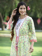 Juniper Women's Limegreen Cambric Embroidered & Printed Jacket Style Kurta | Grocsy