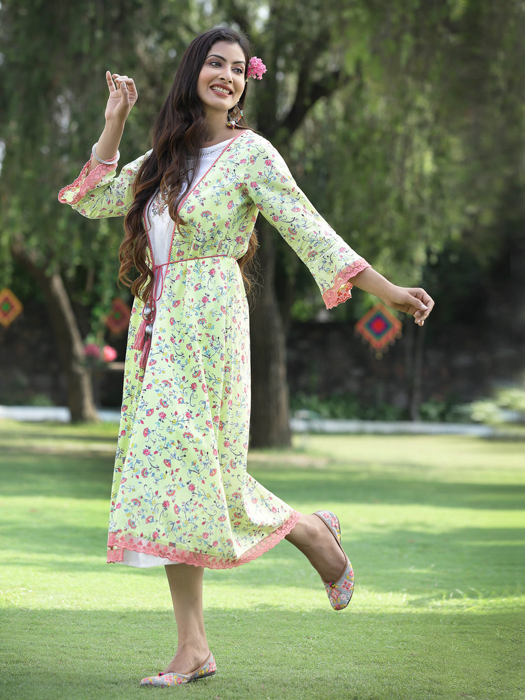 Juniper Womens Lime Green Multi Rayon Slub Double Layer Printed Kurta | Grocsy