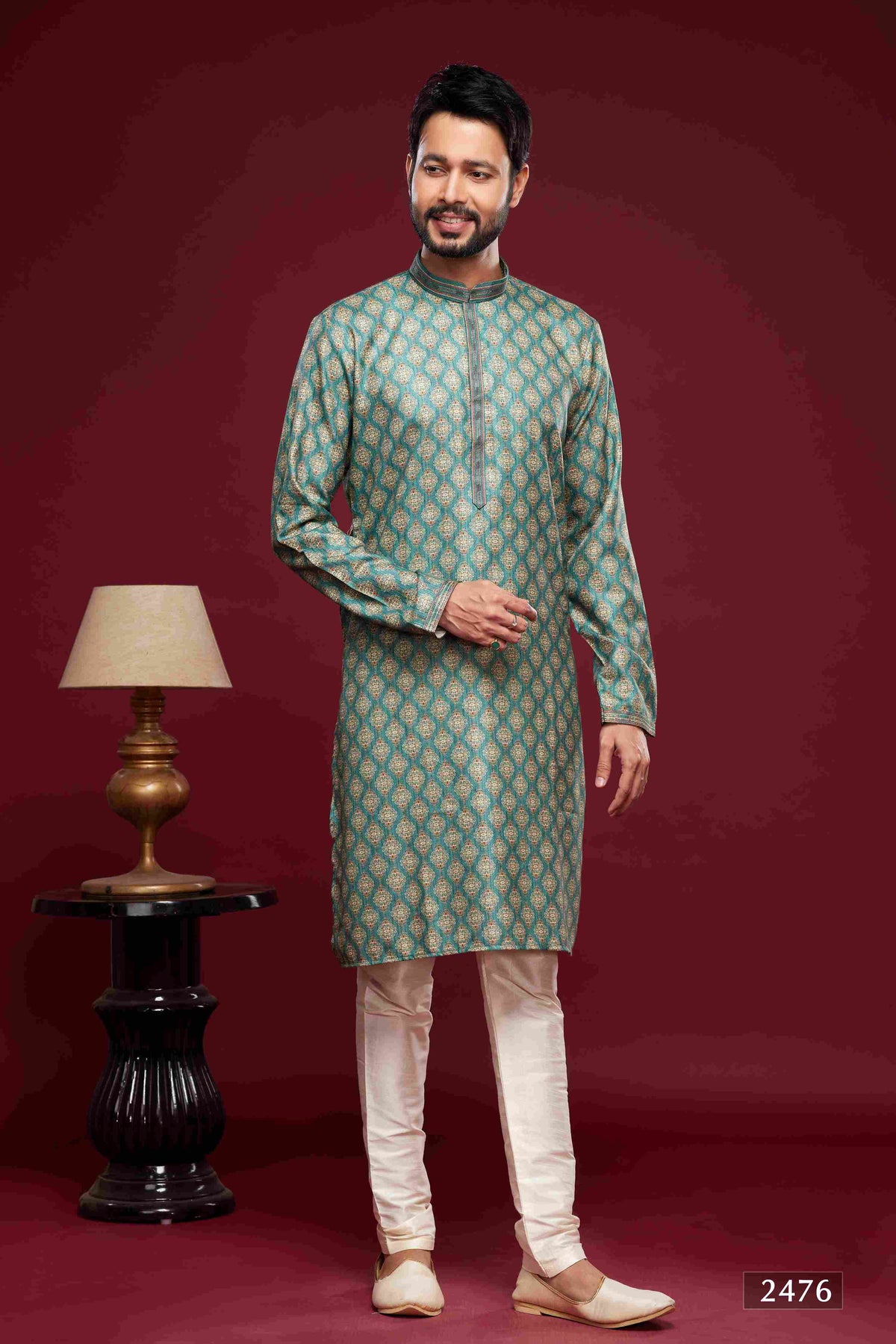 Raivat Ethnic Art Silk Digital Print Pintux Work Kurta Pajama In Green Colour | Grocsy