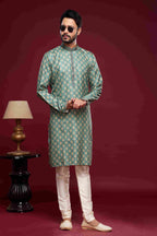 Raivat Ethnic Art Silk Digital Print Pintux Work Kurta Pajama In Green Colour | Grocsy