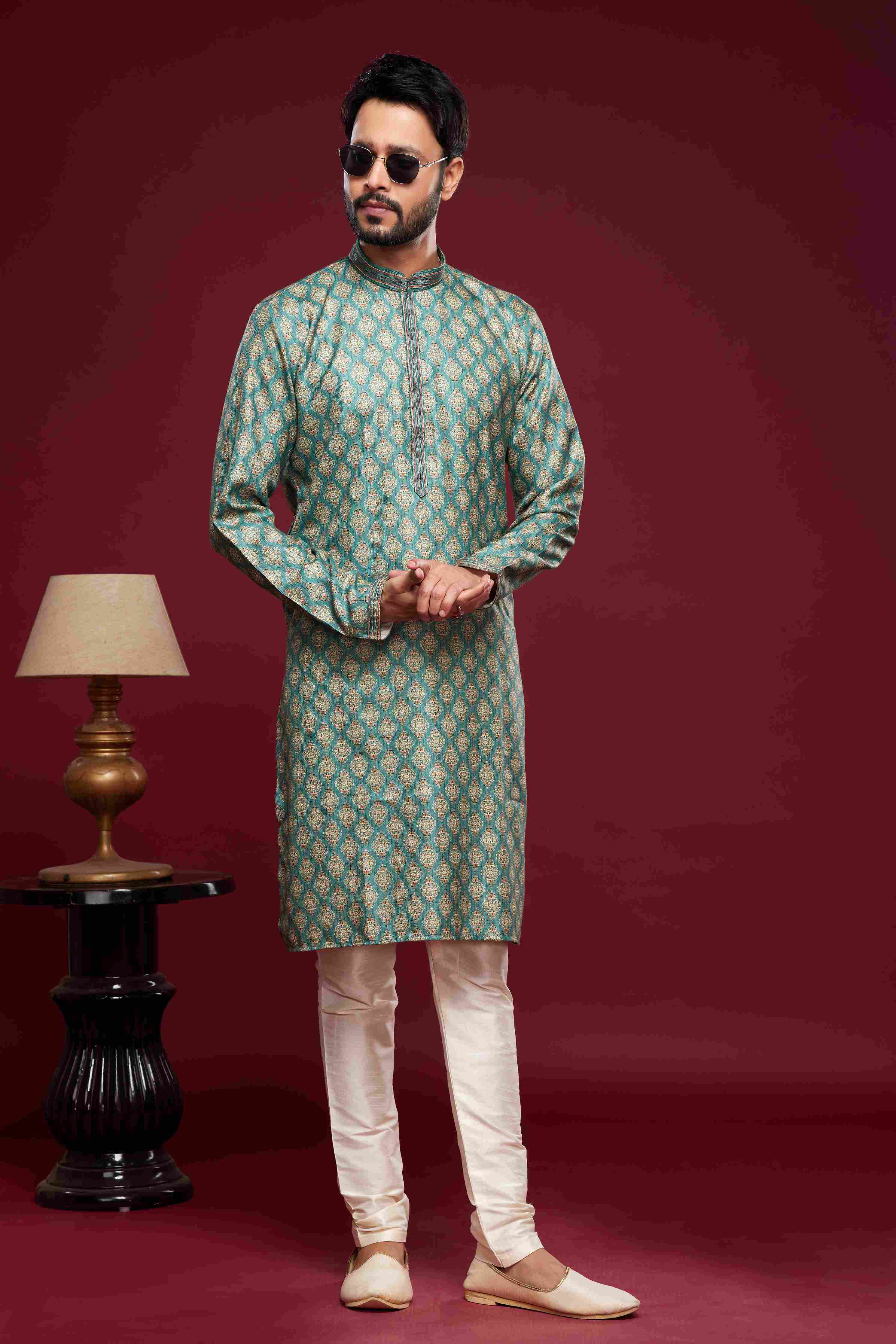 Raivat Ethnic Art Silk Digital Print Pintux Work Kurta Pajama In Green Colour | Grocsy