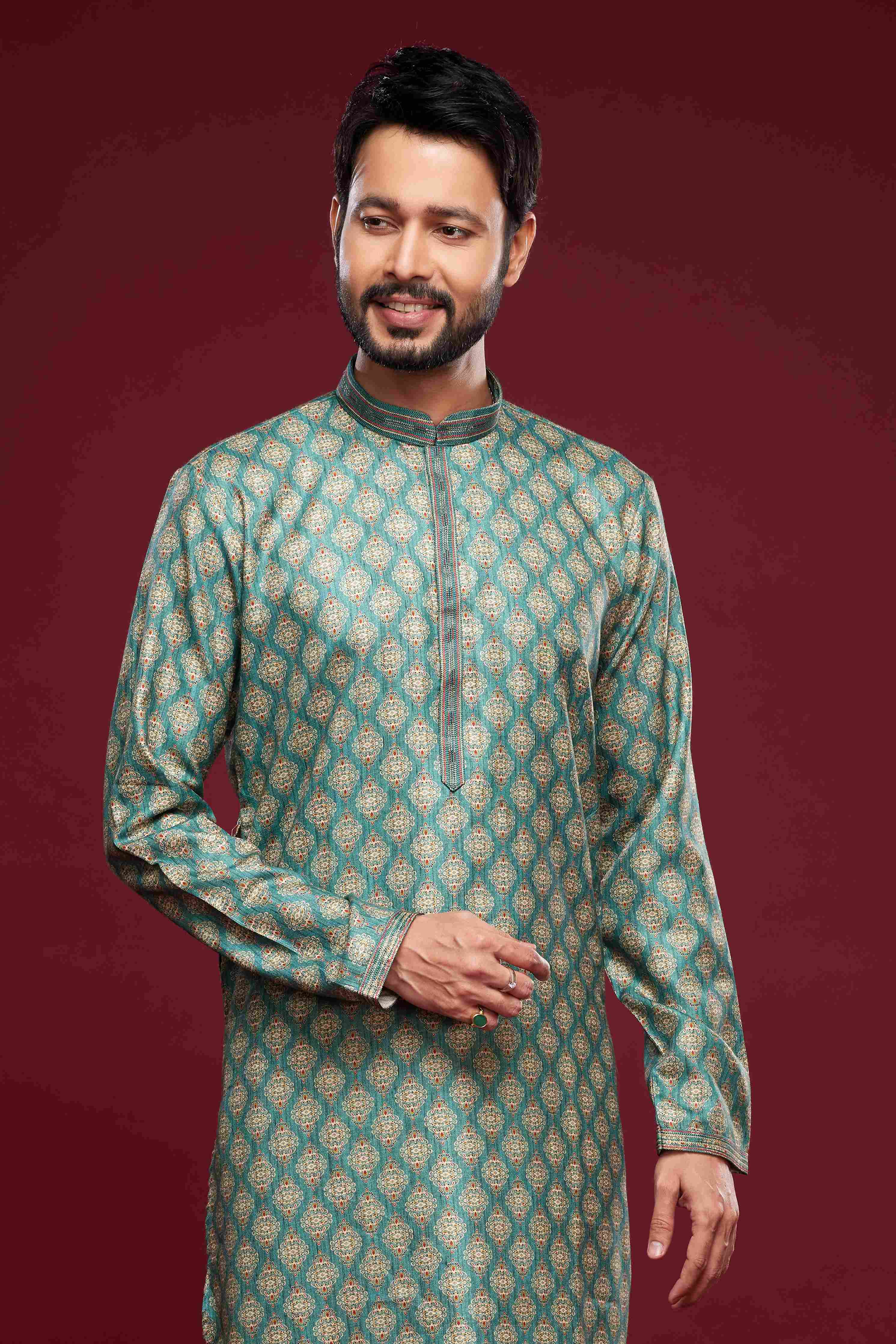 Raivat Ethnic Art Silk Digital Print Pintux Work Kurta Pajama In Green Colour | Grocsy