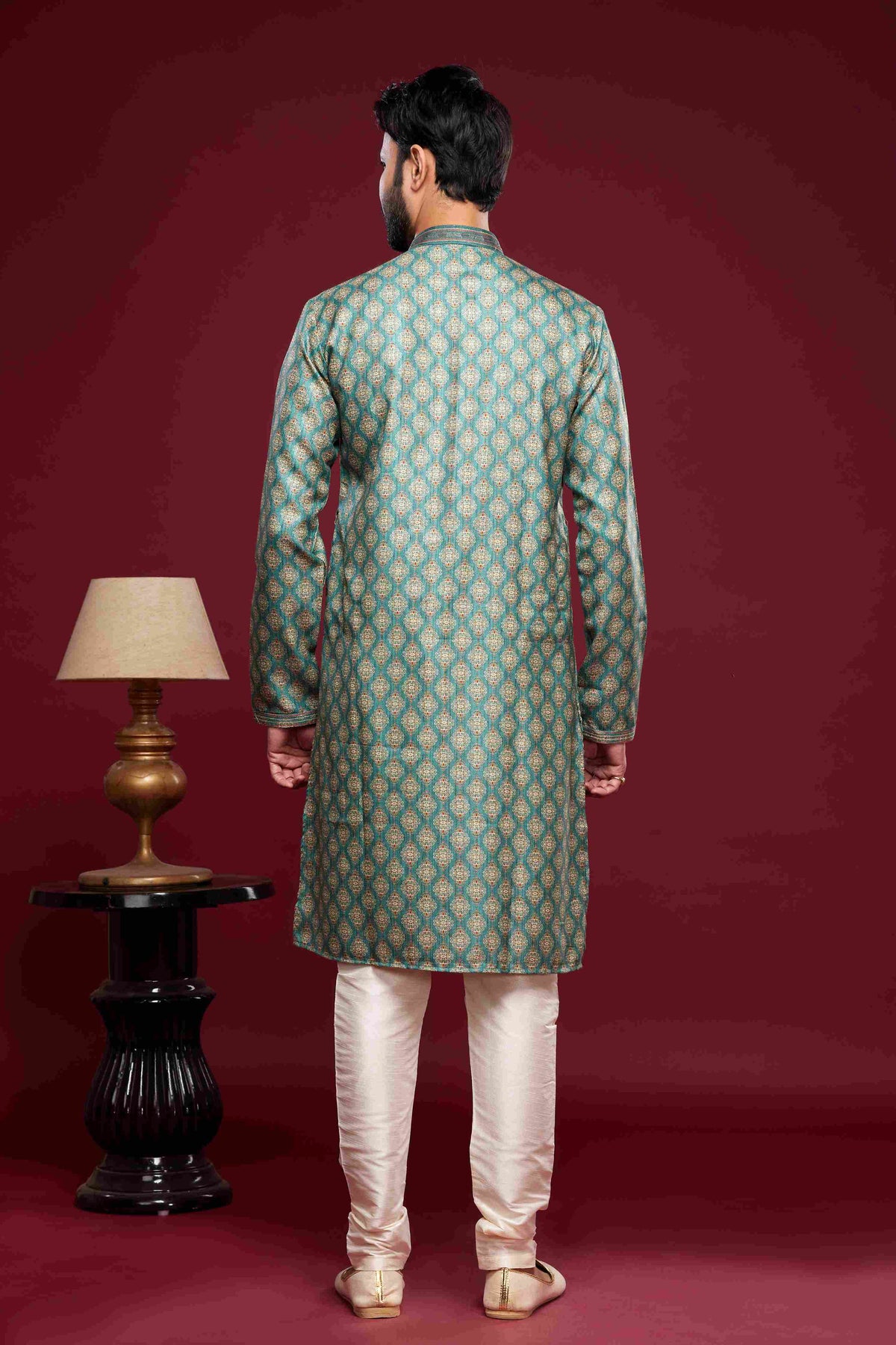 Raivat Ethnic Art Silk Digital Print Pintux Work Kurta Pajama In Green Colour | Grocsy