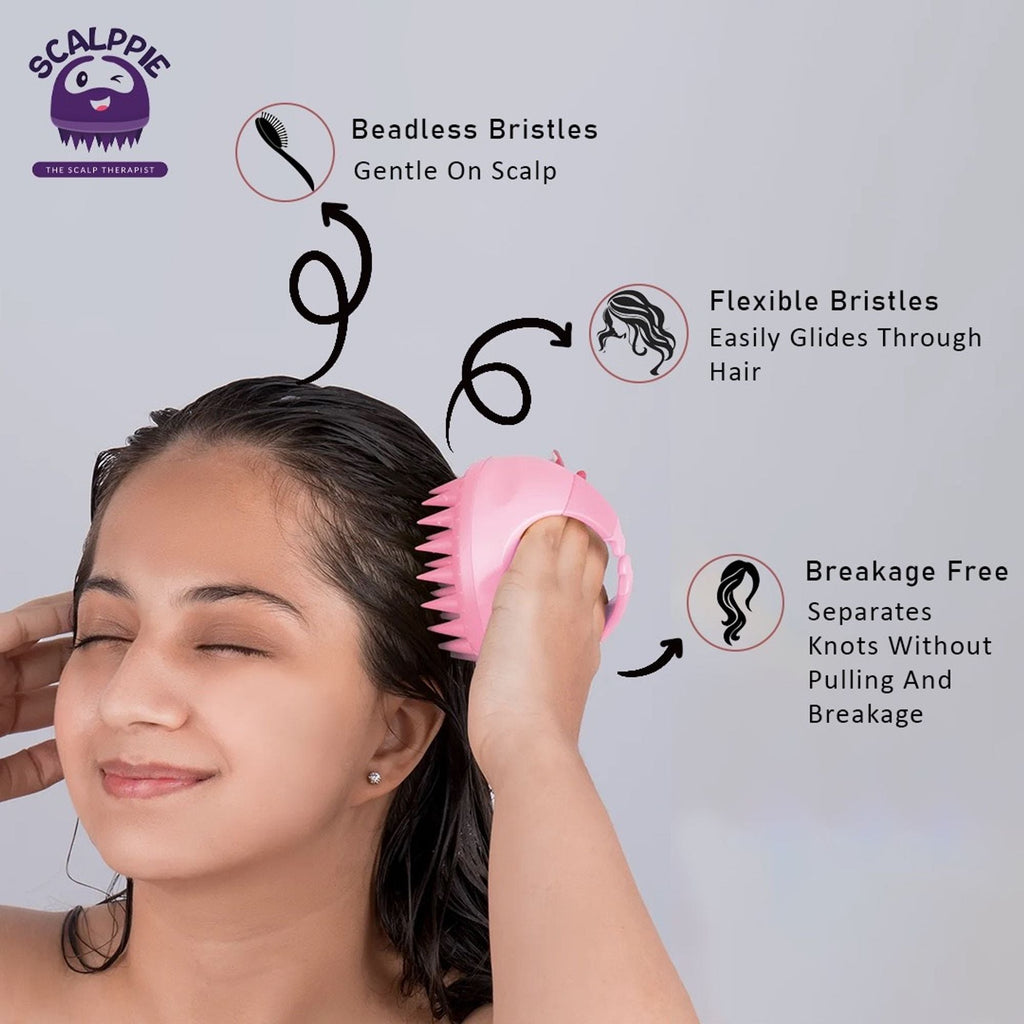 Scalppie Silicon Hair Scalp Massager & Shampoo Brush Scrub - Hair Growth & Anti Dandruff - Baby Pink | Grocsy