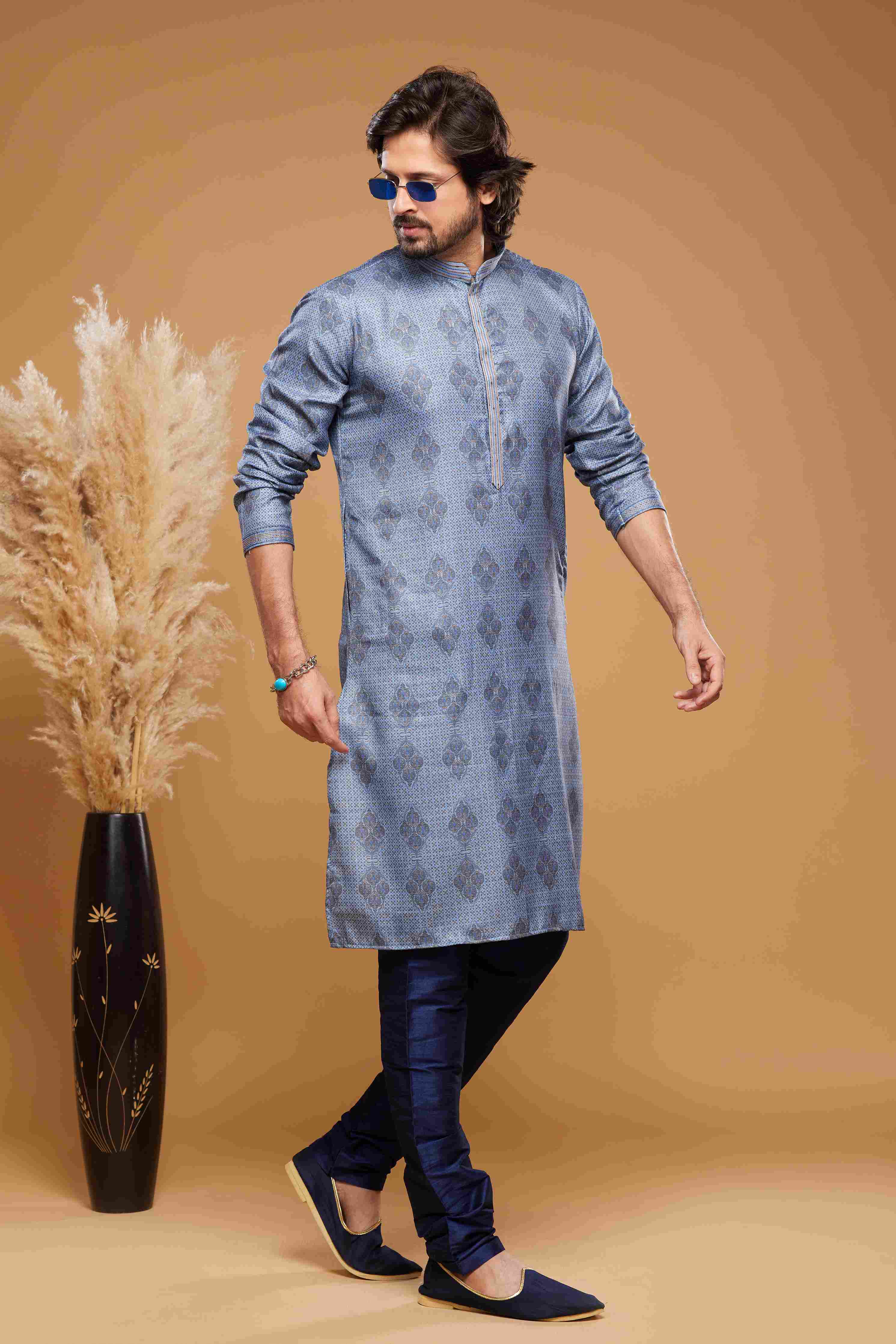Raivat Ethnic Art Silk Digital Print Pintux Work Kurta Pajama In Blue Colour | Grocsy