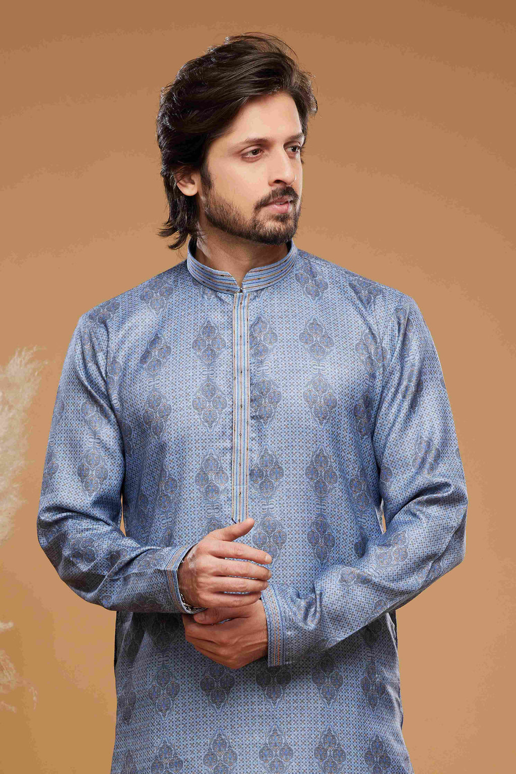 Raivat Ethnic Art Silk Digital Print Pintux Work Kurta Pajama In Blue Colour | Grocsy