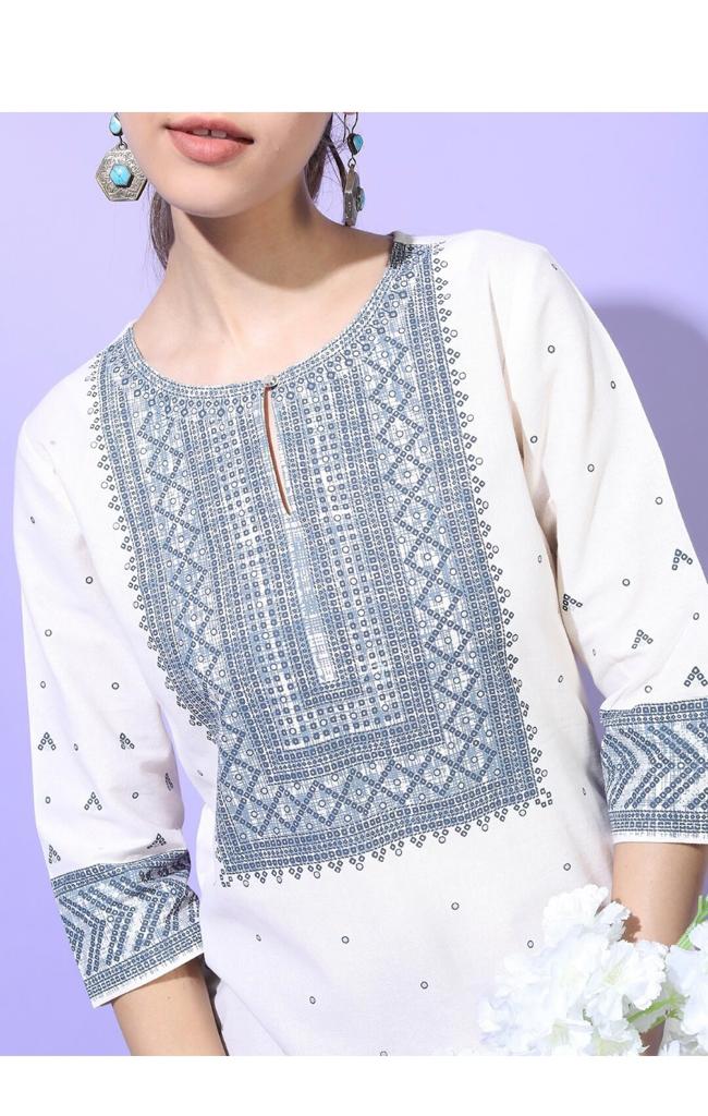 Maai Rayon Hand Printed Kurta White | Grocsy