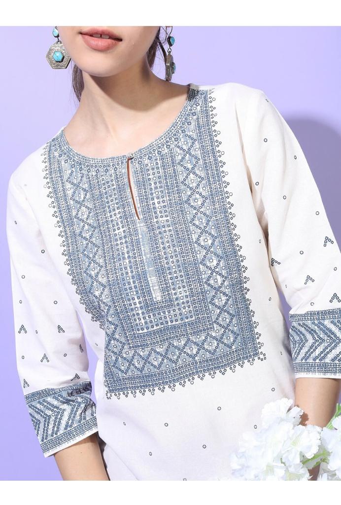 Maai Rayon Hand Printed Kurta White | Grocsy