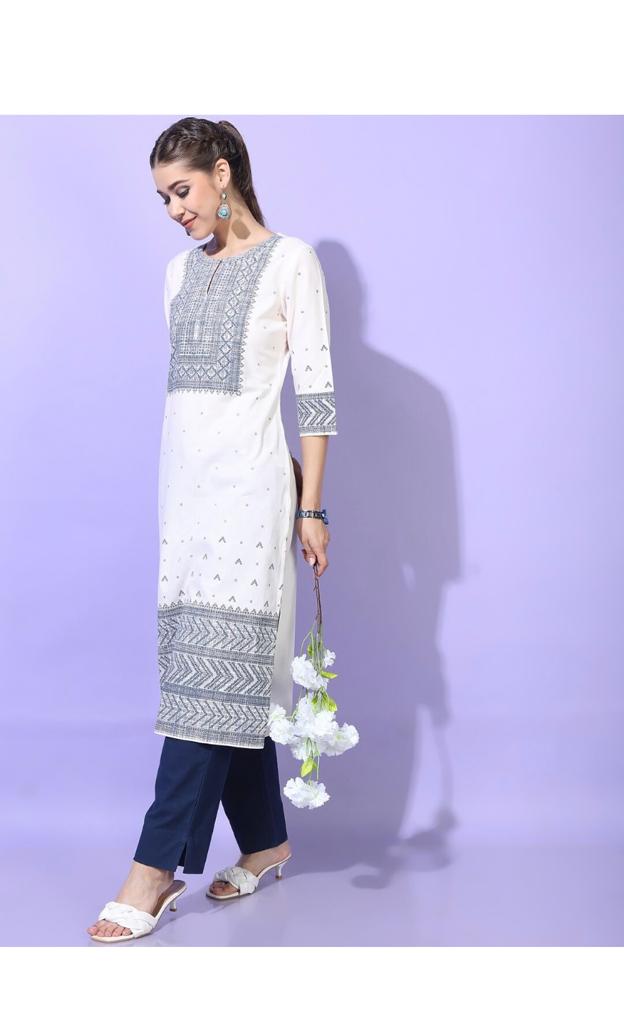 Maai Rayon Hand Printed Kurta White | Grocsy