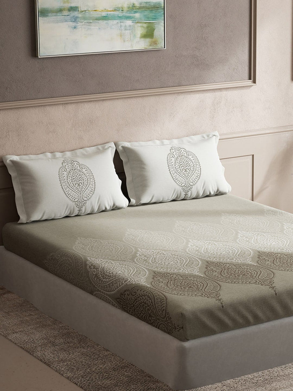 DDecor Grey & White Ethnic Motifs Cotton 140 TC Queen Bedsheet With 2 Pillow Covers | Grocsy
