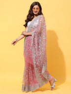 kasee Pink & Silver-Toned Floral Embroidered Net Heavy Work Saree | Grocsy