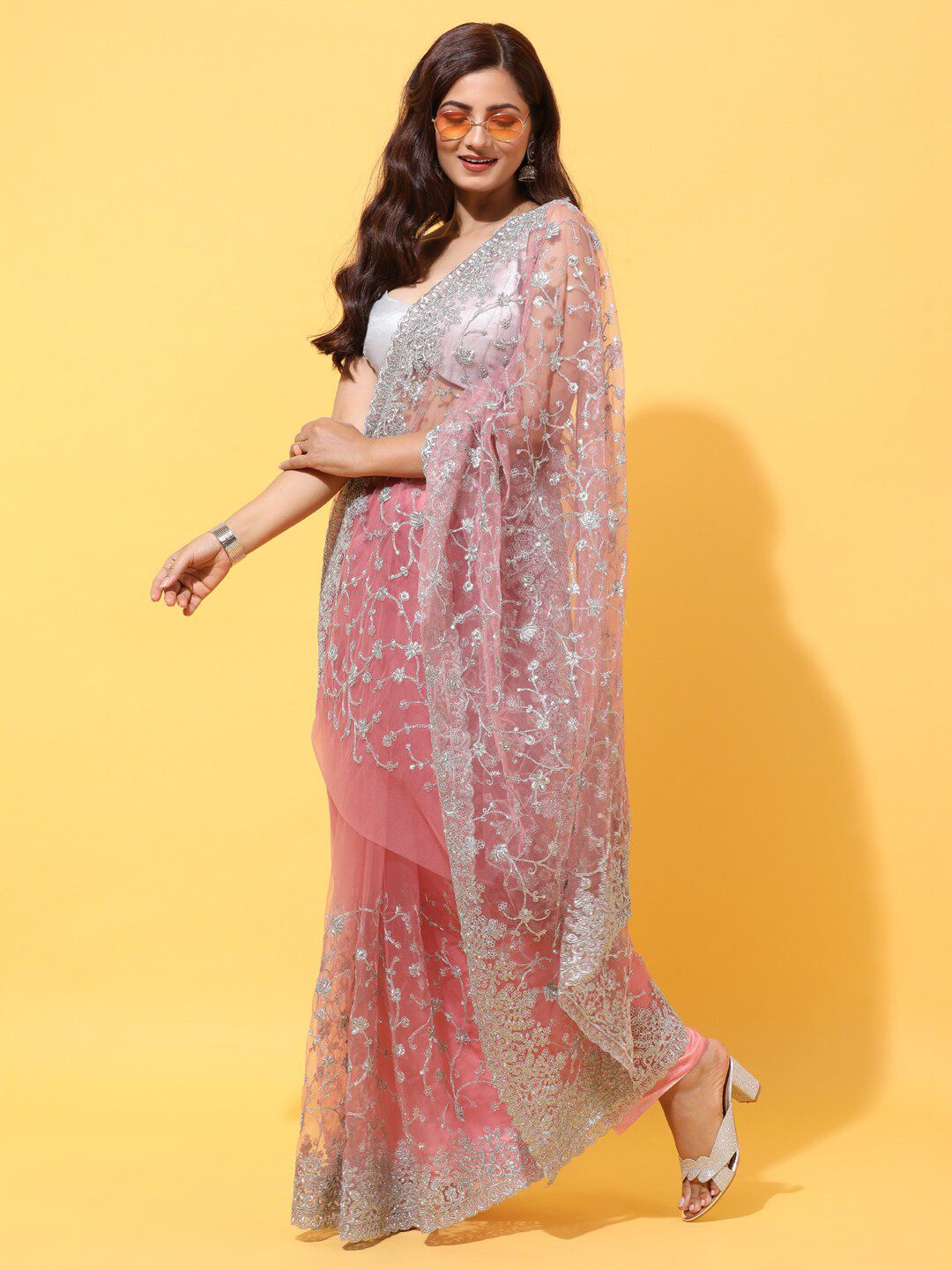 kasee Pink & Silver-Toned Floral Embroidered Net Heavy Work Saree | Grocsy