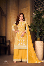 Anaita Yellow Embroidered Net Plazzo Suit | Grocsy