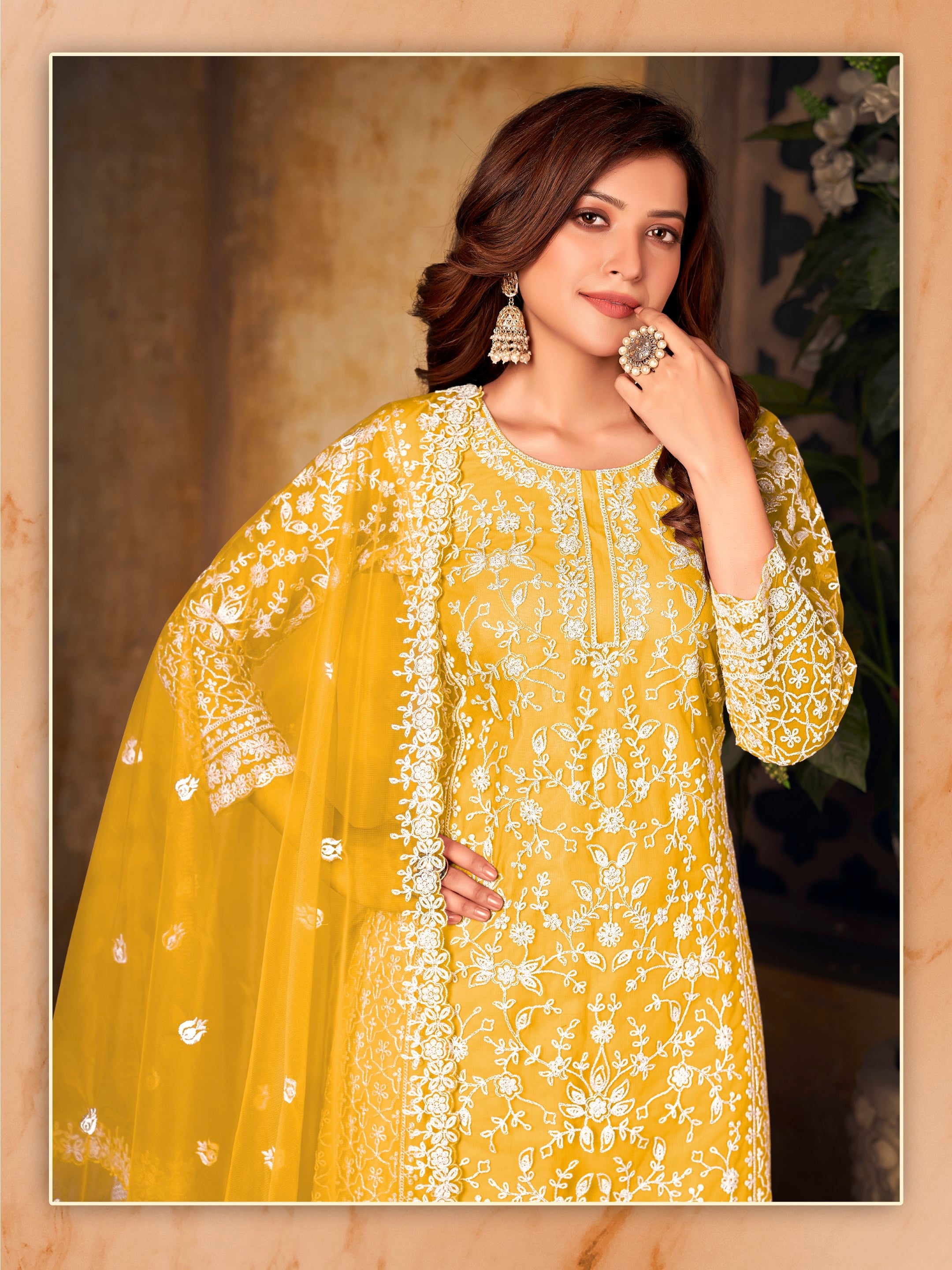 Anaita Yellow Embroidered Net Plazzo Suit | Grocsy