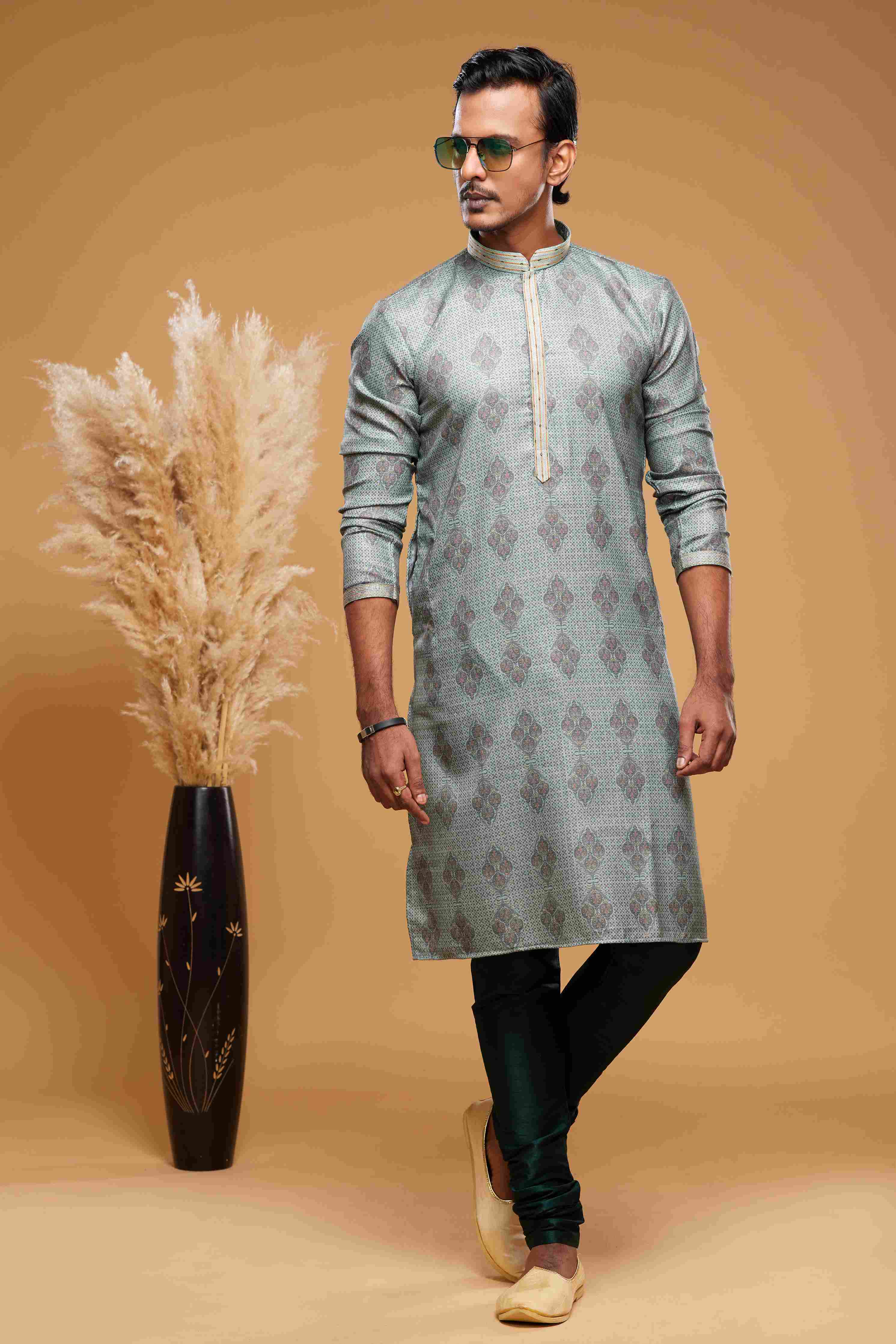 Raivat Ethnic Art Silk Digital Print Pintux Work Kurta Pajama In Green Colour | Grocsy