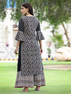 Juniper Womens Black Cambric Multicolor Placement Printed Kurta Palazzo Set | Grocsy