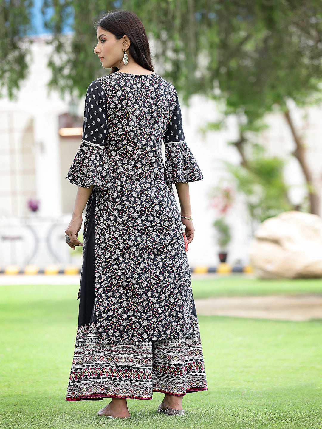 Juniper Womens Black Cambric Multicolor Placement Printed Kurta Palazzo Set | Grocsy
