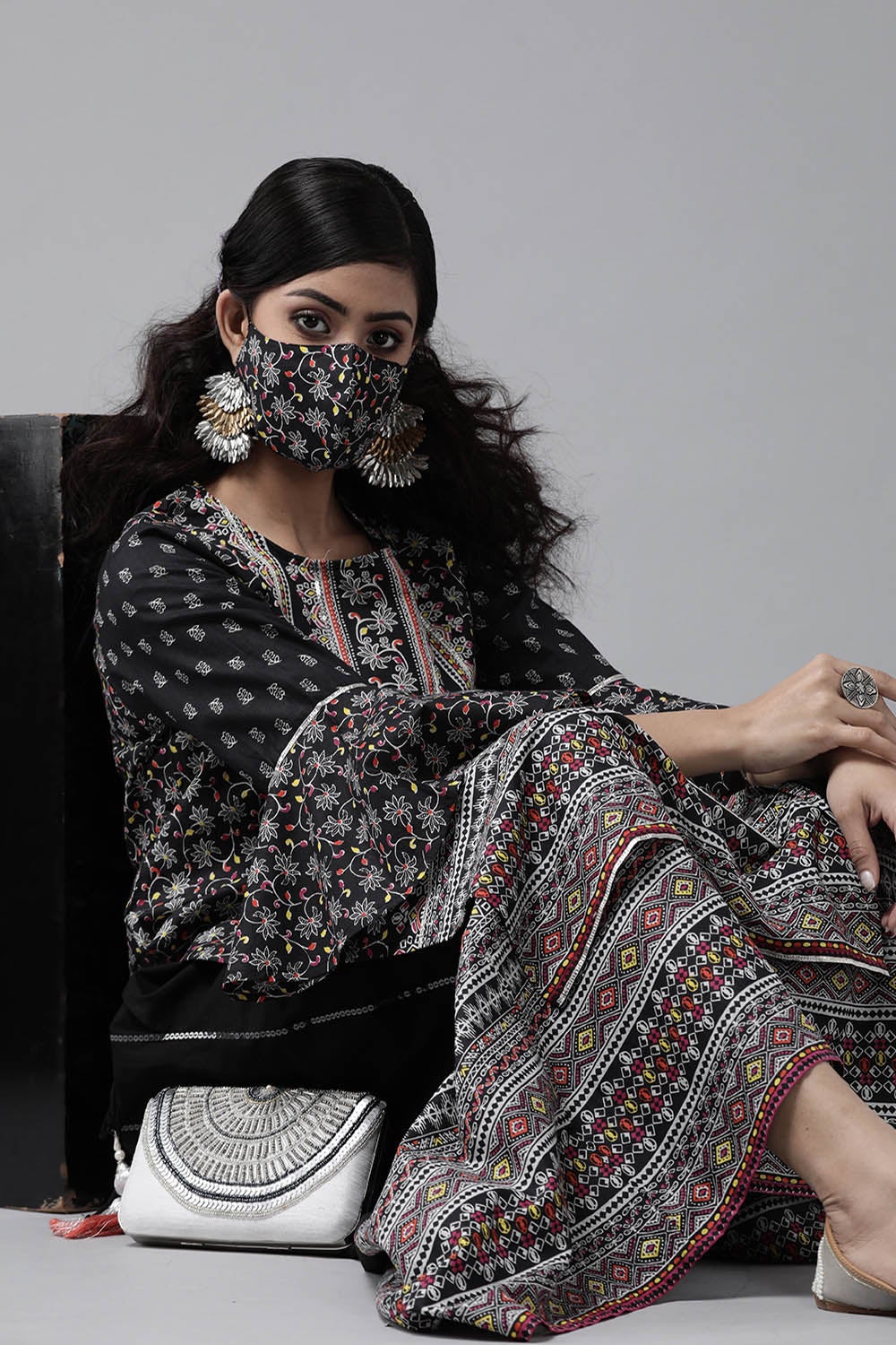 Juniper Women's Black Cambric Printed High-Low Kurta Sets | Grocsy