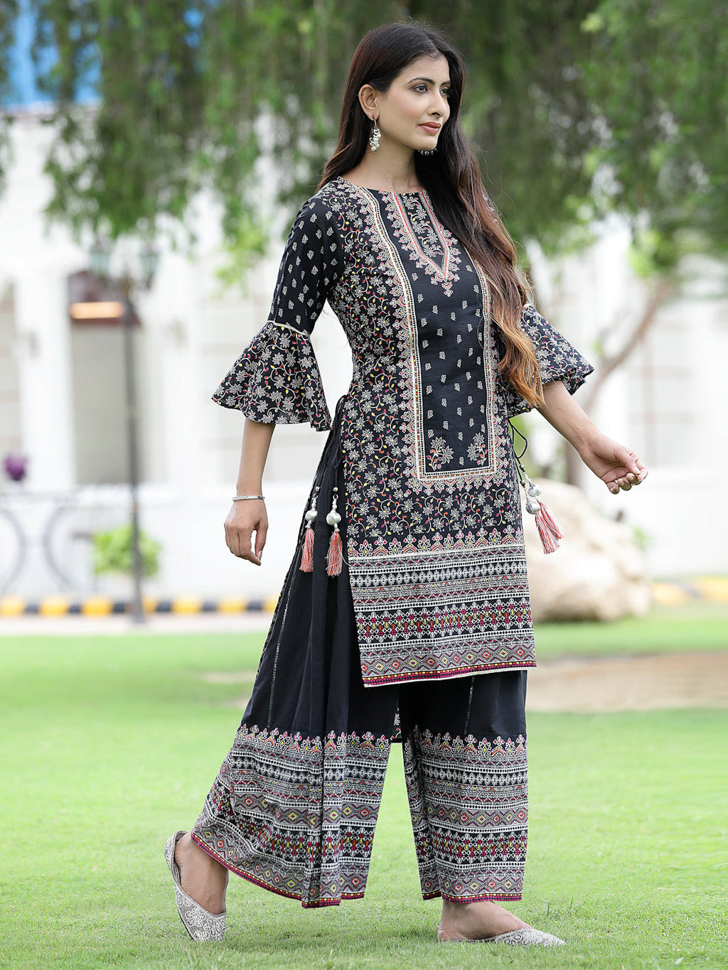 Juniper Womens Black Cambric Multicolor Placement Printed Kurta Palazzo Set | Grocsy