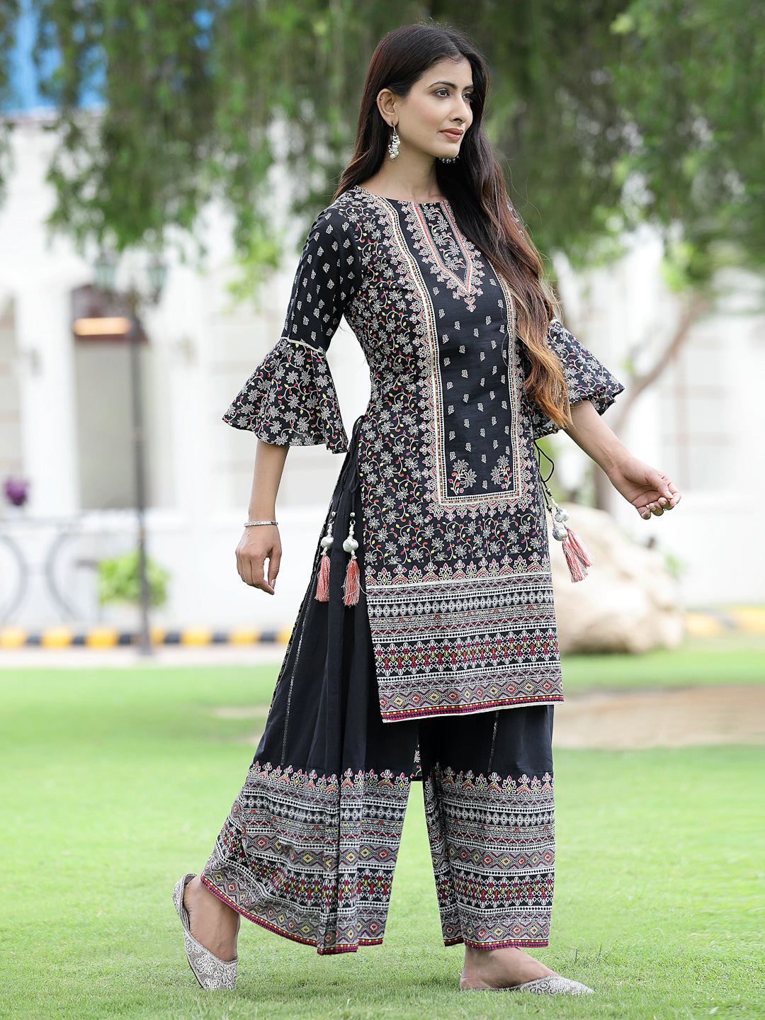 Juniper Womens Black Cambric Multicolor Placement Printed Kurta Palazzo Set | Grocsy