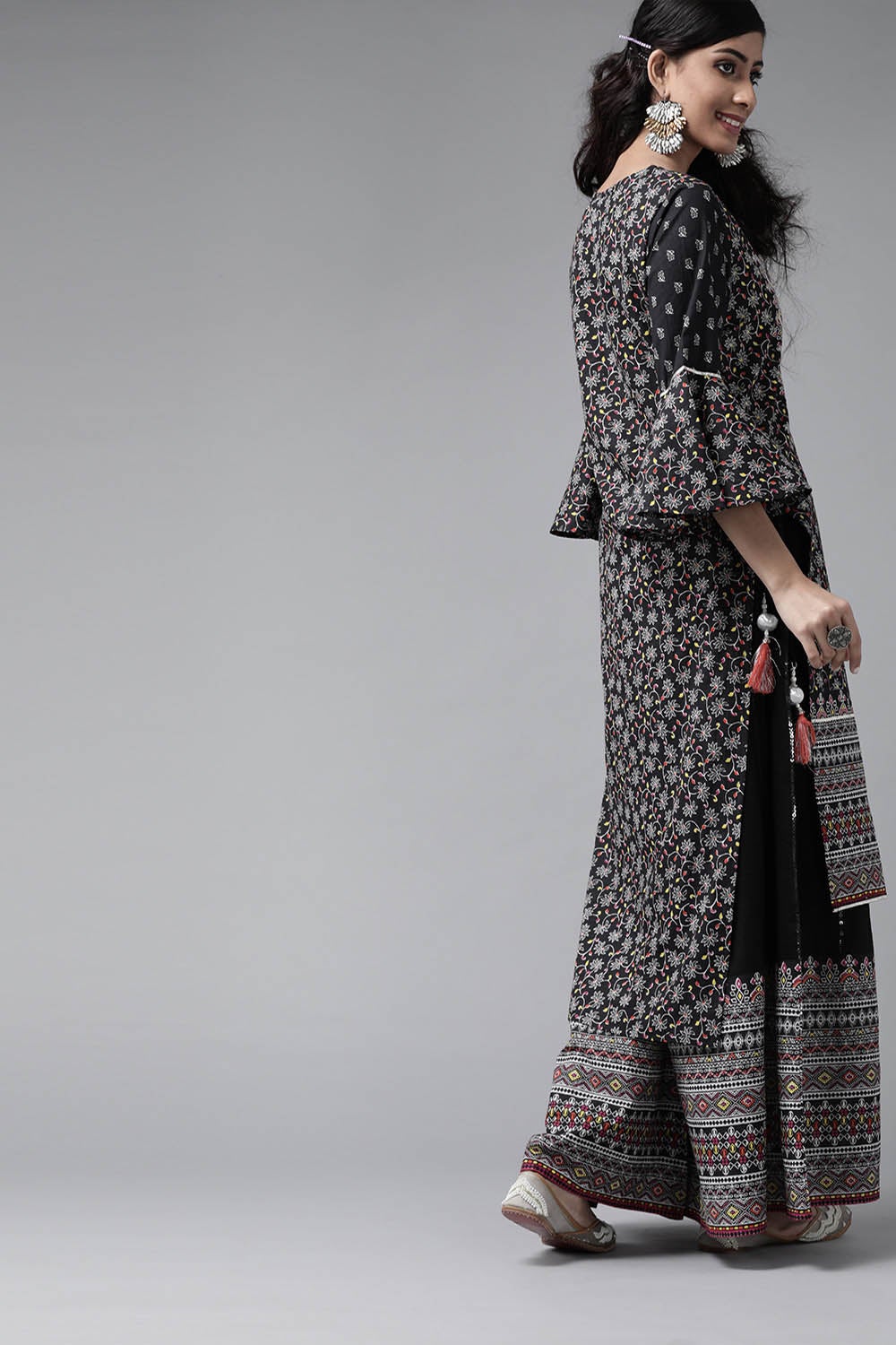 Juniper Women's Black Cambric Printed High-Low Kurta Sets | Grocsy