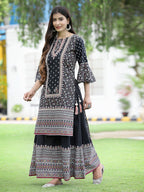 Juniper Womens Black Cambric Multicolor Placement Printed Kurta Palazzo Set | Grocsy