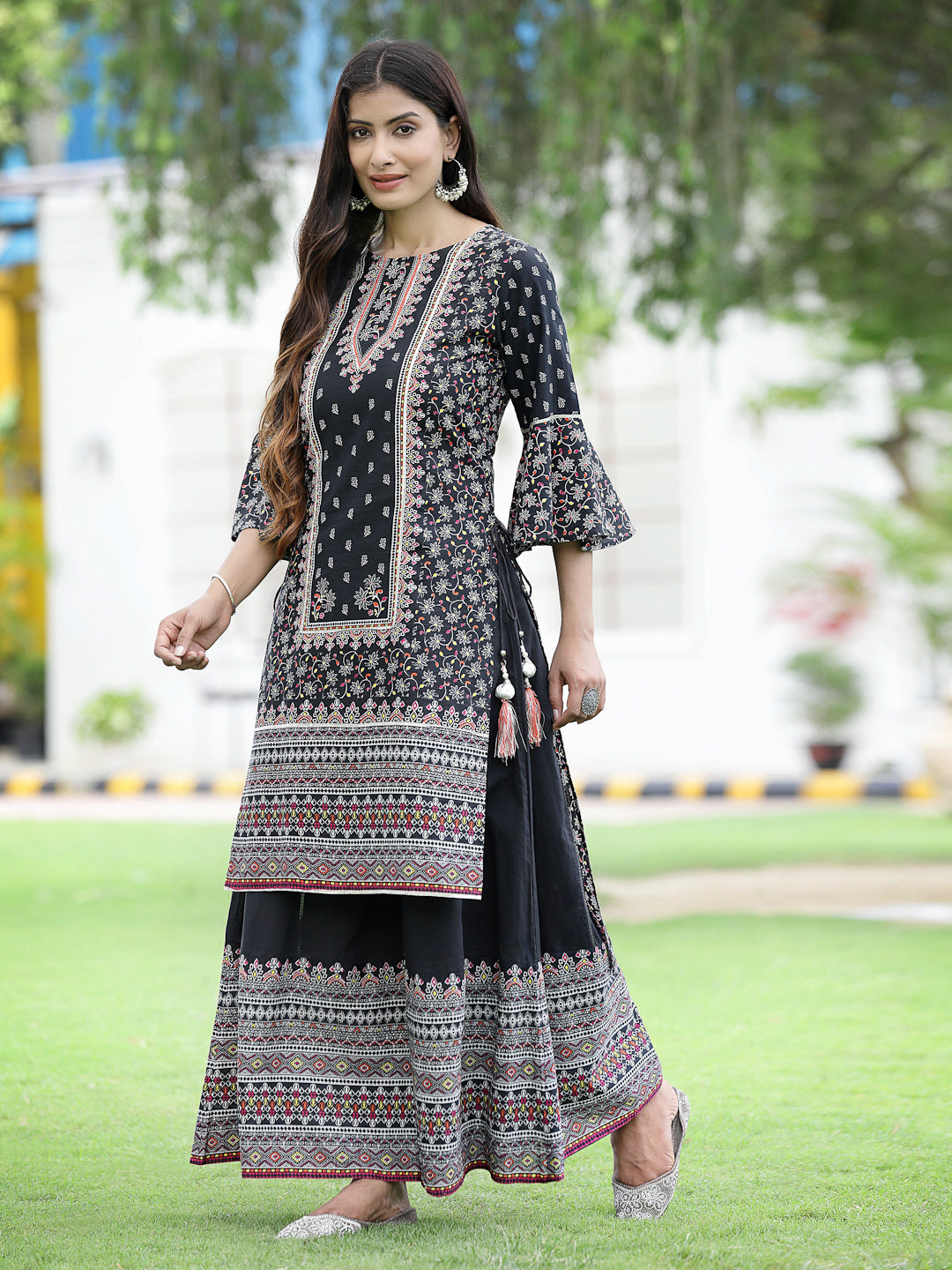 Juniper Womens Black Cambric Multicolor Placement Printed Kurta Palazzo Set | Grocsy