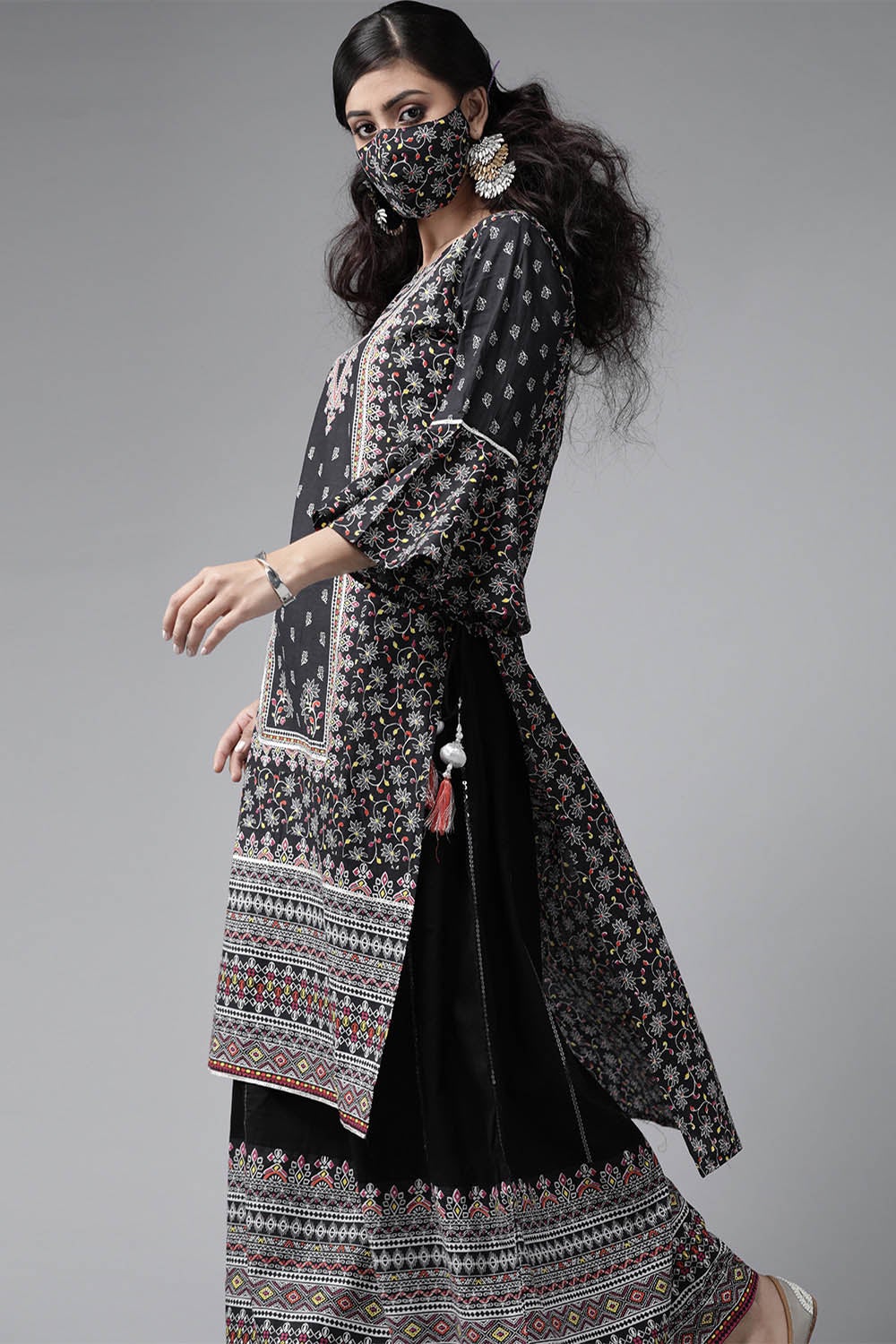 Juniper Women's Black Cambric Printed High-Low Kurta Sets | Grocsy