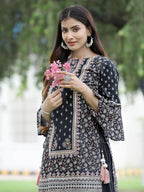 Juniper Womens Black Cambric Multicolor Placement Printed Kurta Palazzo Set | Grocsy