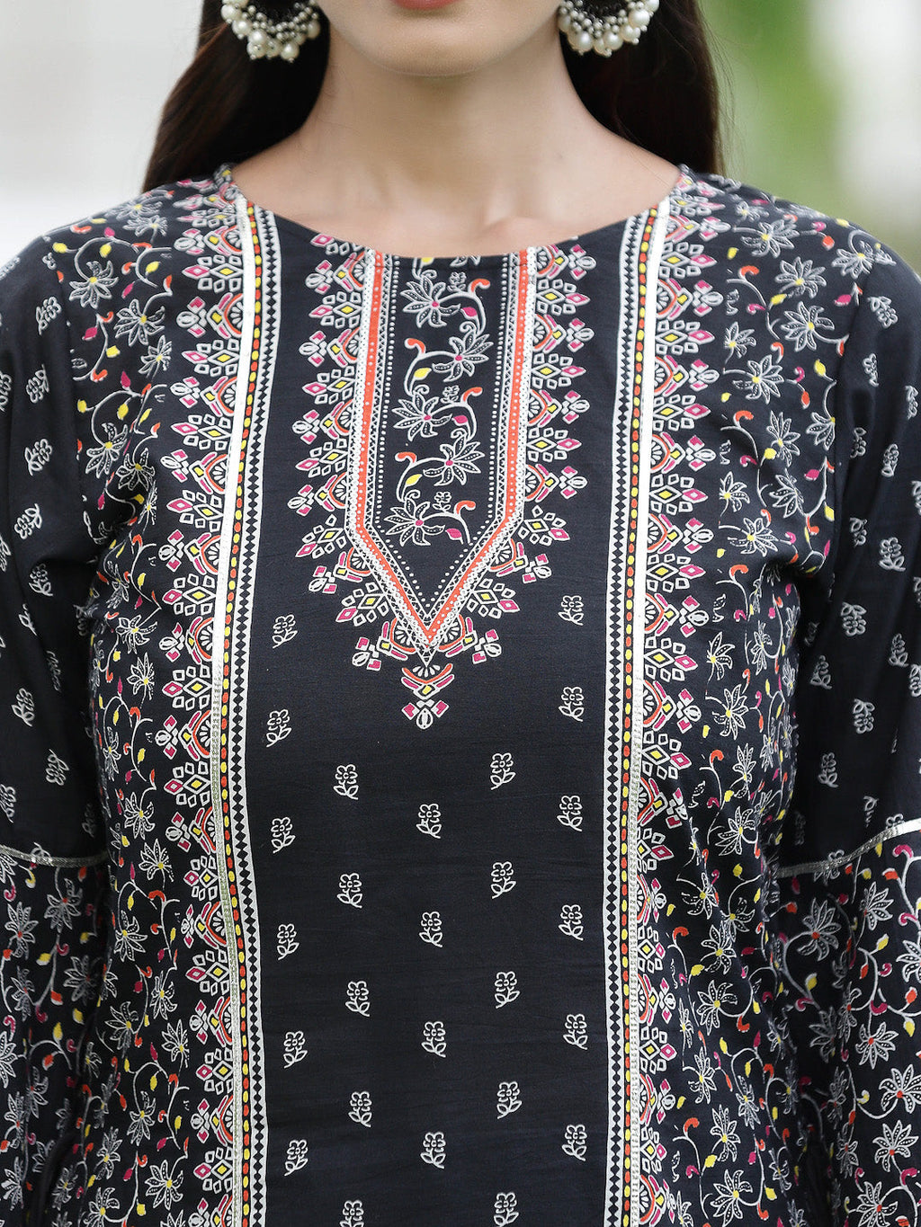 Juniper Womens Black Cambric Multicolor Placement Printed Kurta Palazzo Set | Grocsy