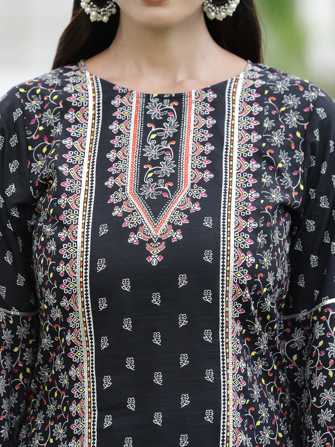 Juniper Womens Black Cambric Multicolor Placement Printed Kurta Palazzo Set | Grocsy