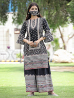 Juniper Womens Black Cambric Multicolor Placement Printed Kurta Palazzo Set | Grocsy