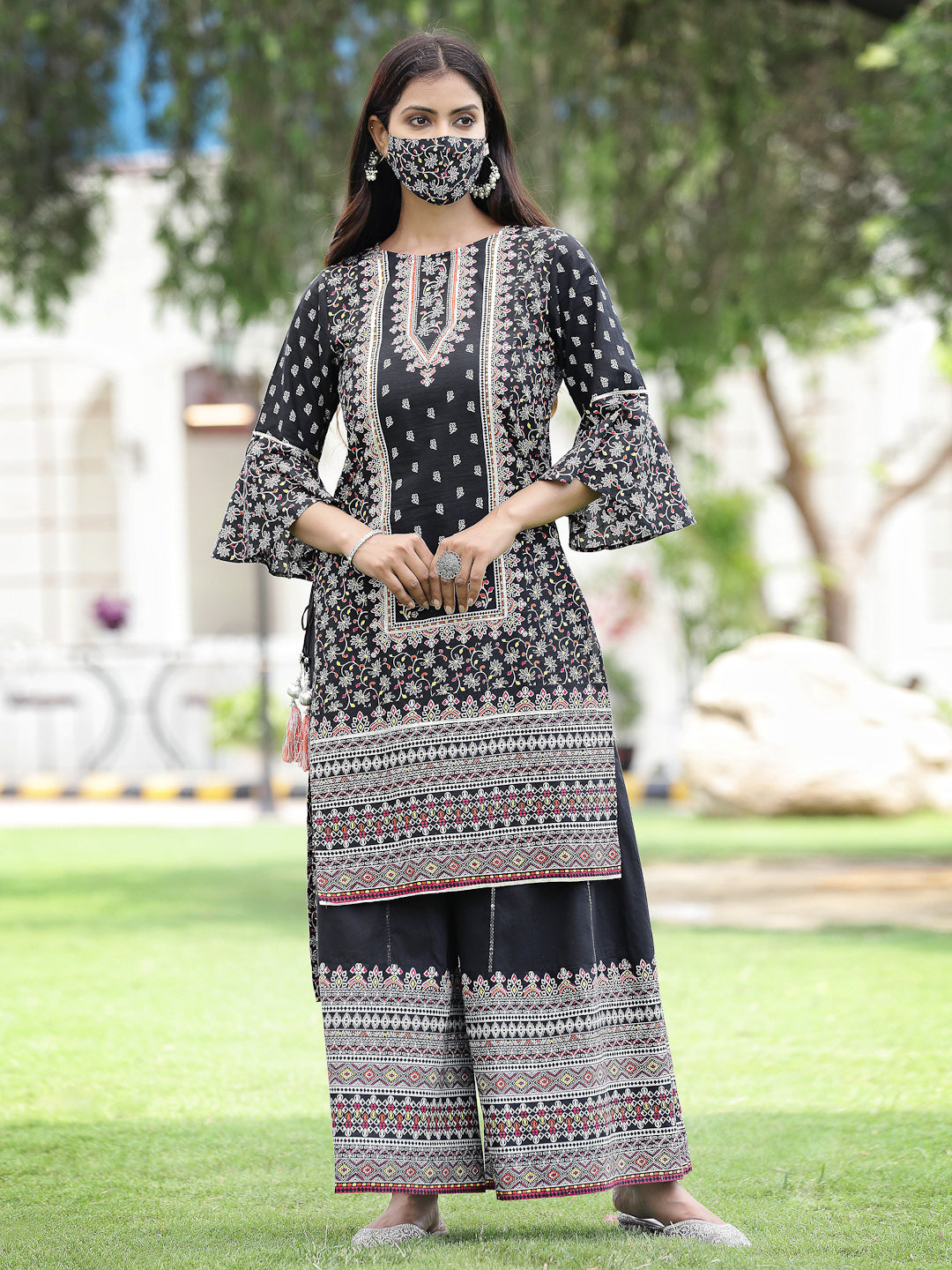Juniper Womens Black Cambric Multicolor Placement Printed Kurta Palazzo Set | Grocsy