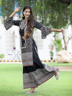 Juniper Womens Black Cambric Multicolor Placement Printed Kurta Palazzo Set | Grocsy