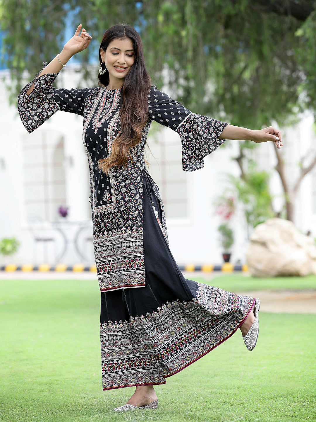 Juniper Womens Black Cambric Multicolor Placement Printed Kurta Palazzo Set | Grocsy