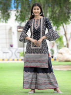 Juniper Womens Black Cambric Multicolor Placement Printed Kurta Palazzo Set | Grocsy