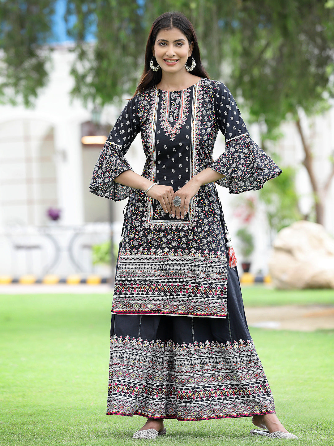Juniper Womens Black Cambric Multicolor Placement Printed Kurta Palazzo Set | Grocsy