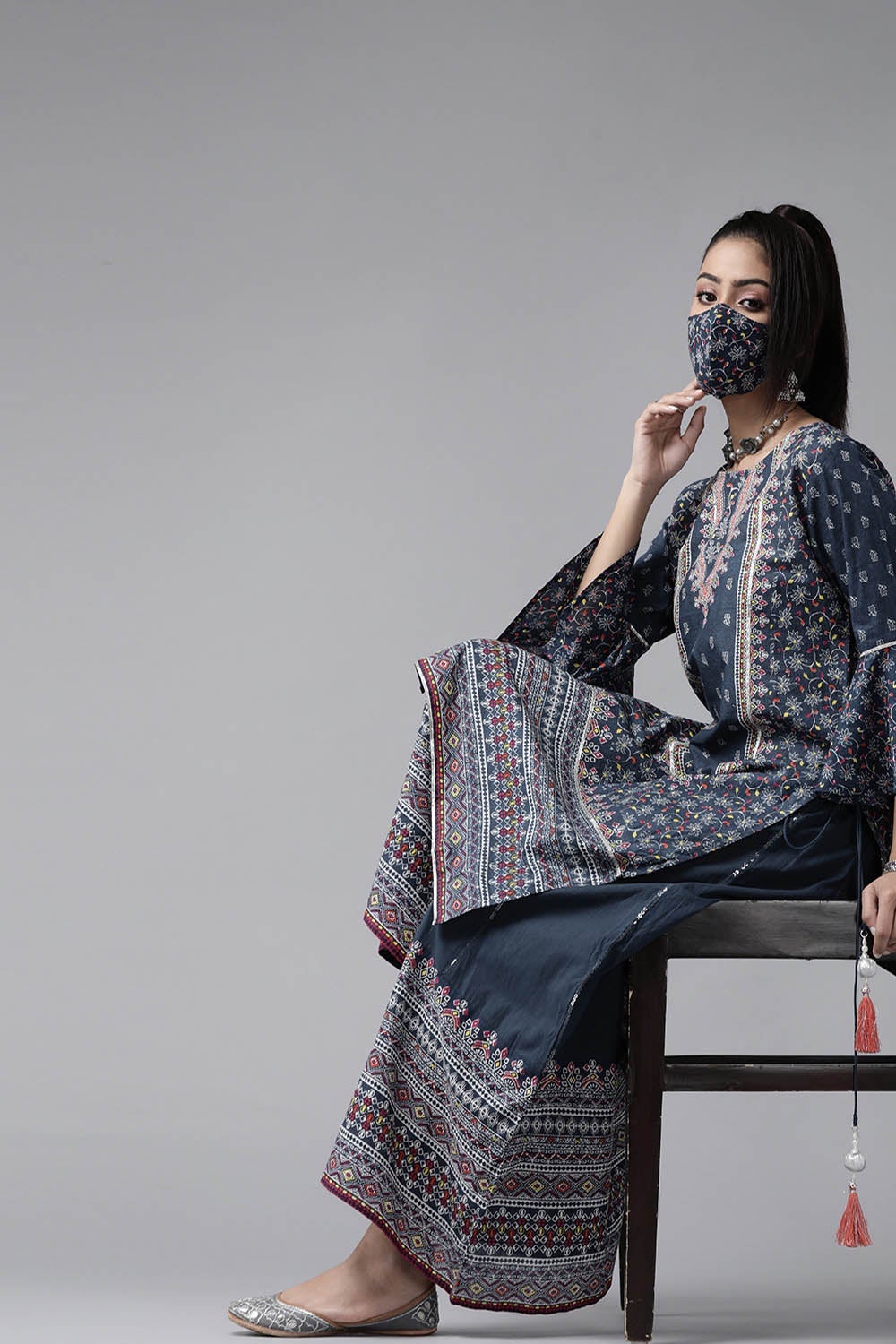 Juniper Women's Indigo Cambric Printed High-Low Kurta Sets | Grocsy