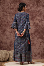 Juniper Womens Indigo Cambric Multicolor Placement Printed Kurta Palazzo Set | Grocsy