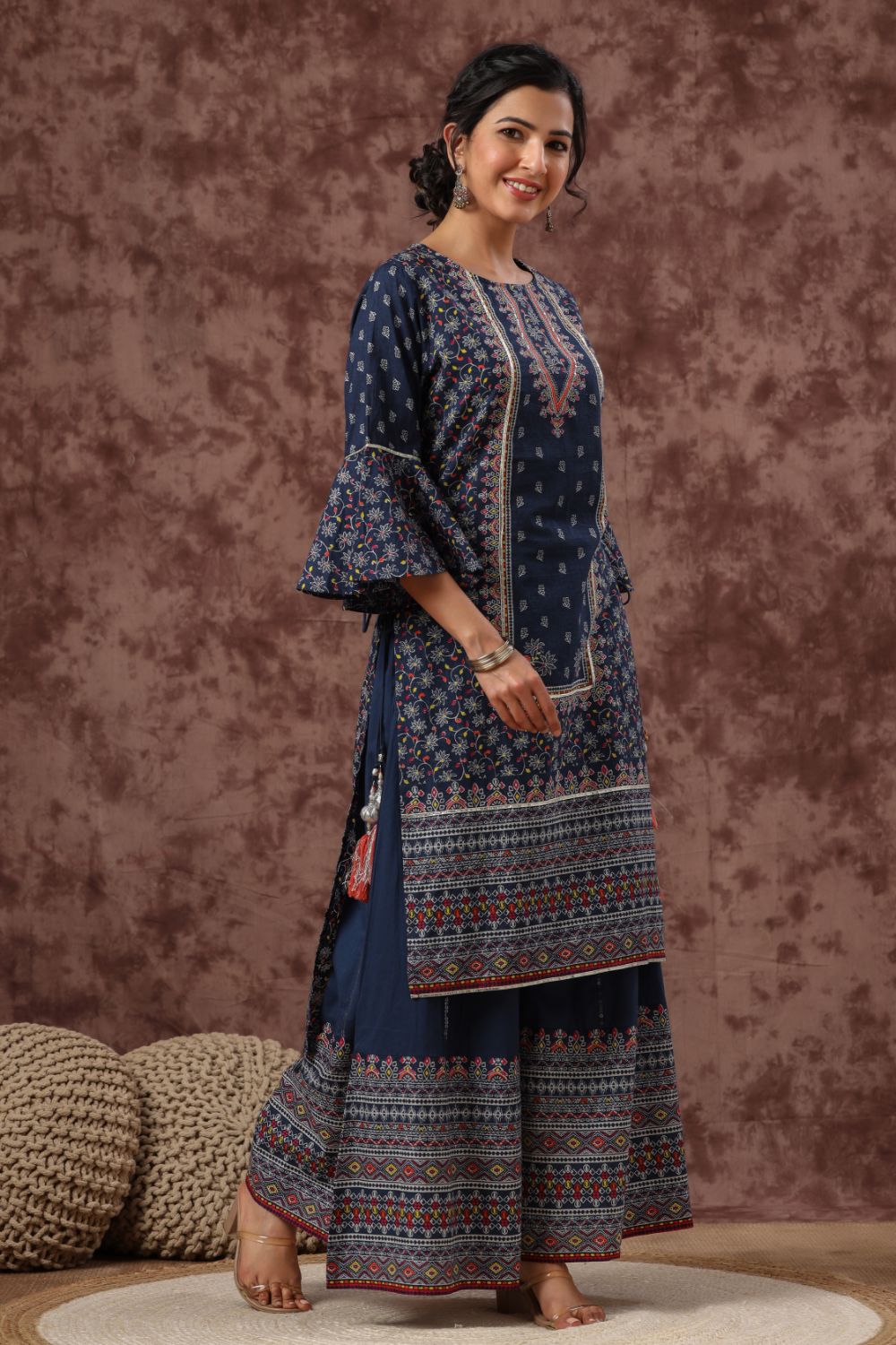 Juniper Womens Indigo Cambric Multicolor Placement Printed Kurta Palazzo Set | Grocsy