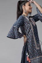 Juniper Women's Indigo Cambric Printed High-Low Kurta Sets | Grocsy