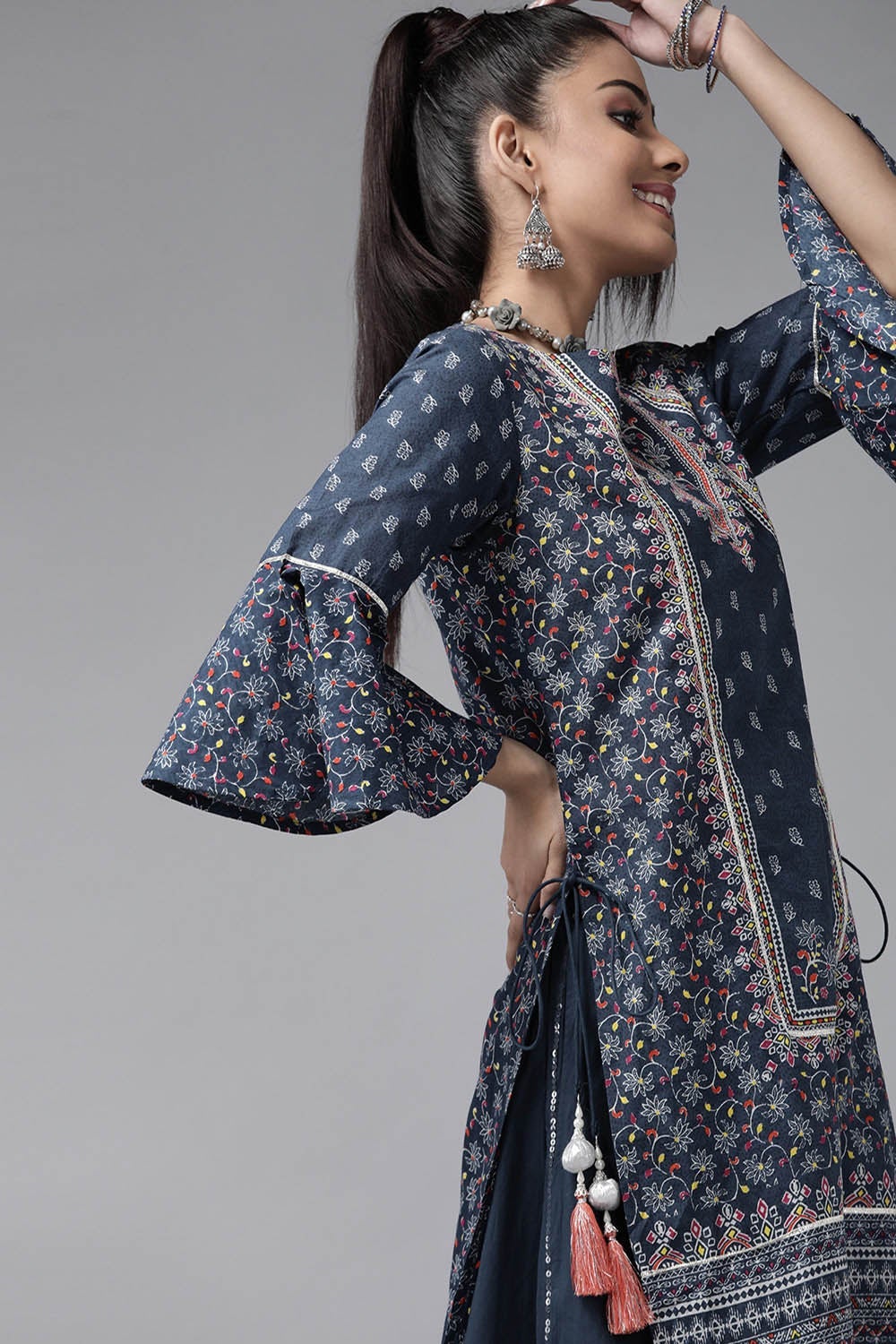 Juniper Women's Indigo Cambric Printed High-Low Kurta Sets | Grocsy