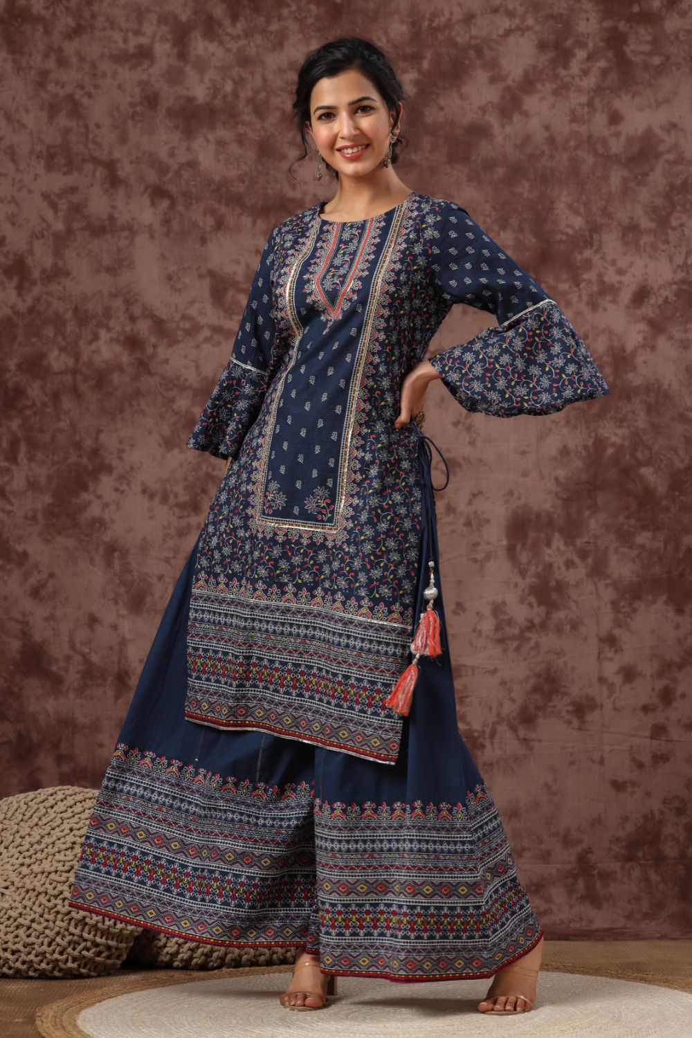 Juniper Womens Indigo Cambric Multicolor Placement Printed Kurta Palazzo Set | Grocsy