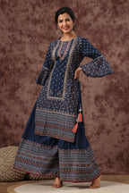 Juniper Womens Indigo Cambric Multicolor Placement Printed Kurta Palazzo Set | Grocsy