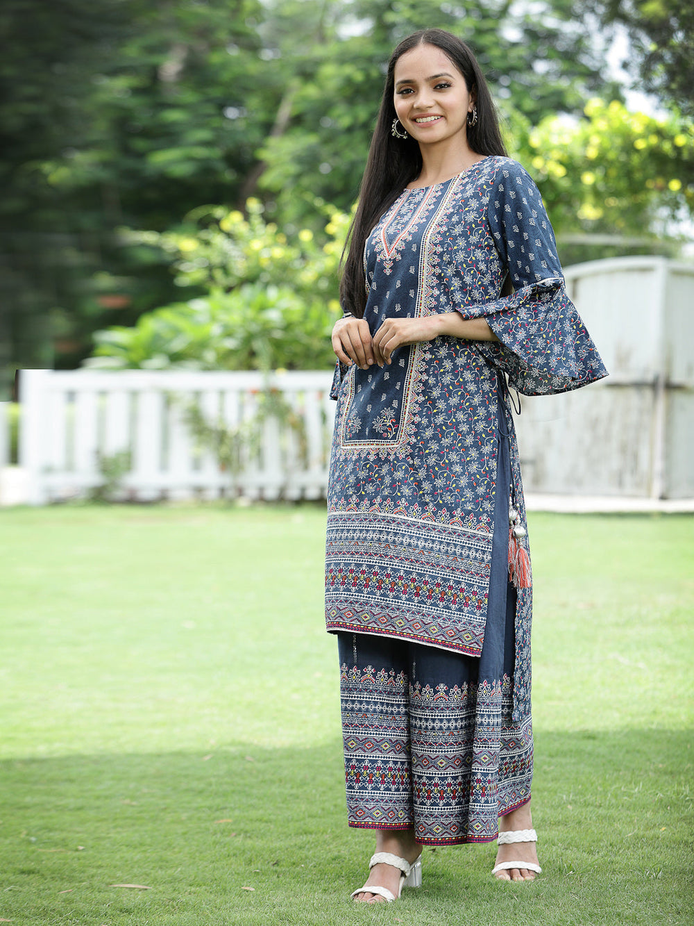 Juniper Women's Indigo Cambric Printed High-Low Kurta Sets | Grocsy