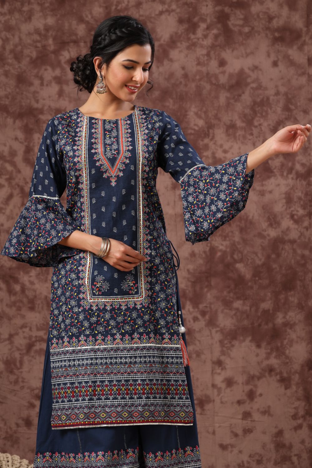 Juniper Womens Indigo Cambric Multicolor Placement Printed Kurta Palazzo Set | Grocsy